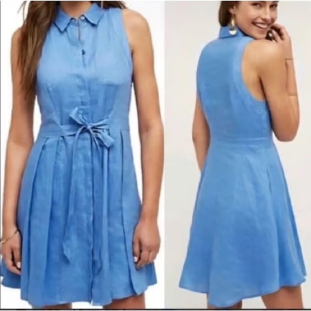 Anthropologie HD In Paris Women's Blue Linen Belted Pleated Shirt Mini Dress 0